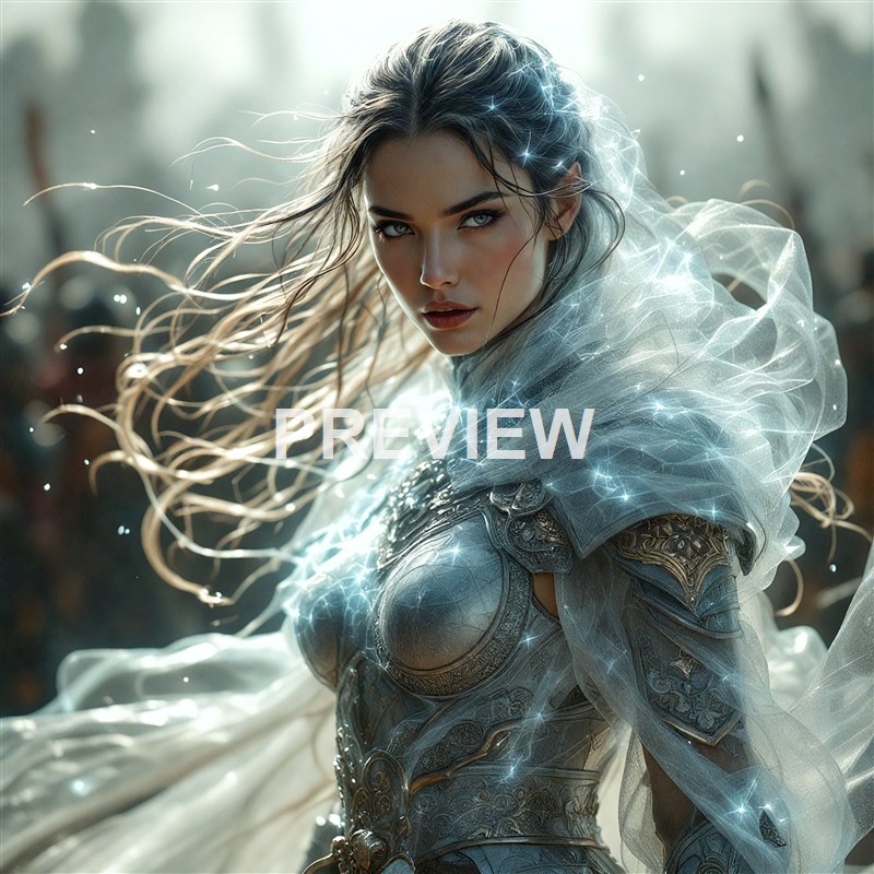 A fantasy-style female warrior with flowing hair, wearing ornate armor and a translucent, glowing cape, standing in a dramatic outdoor setting.